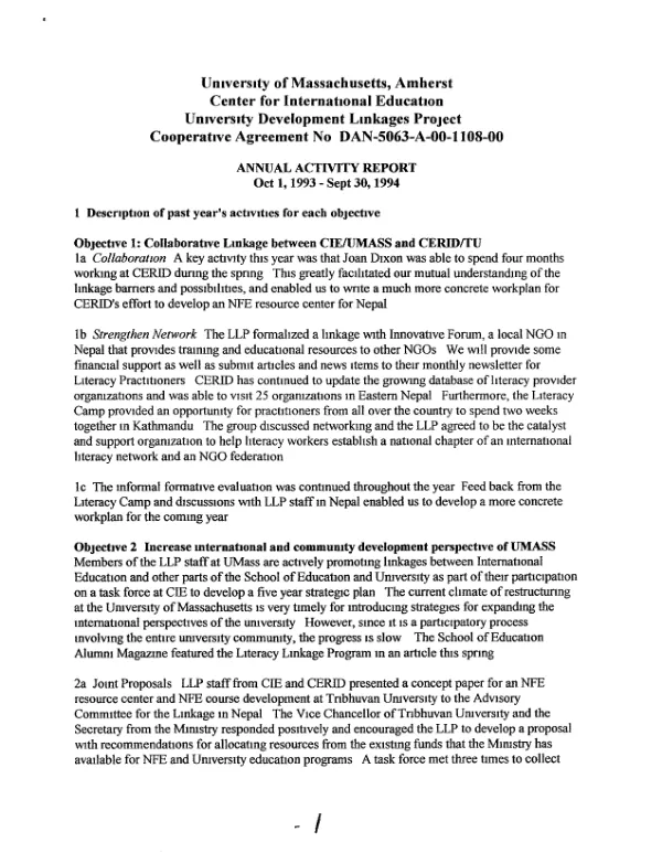 University of Massachusetts, Amherst, Center for International Education : university development linkages project, cooperative agreement no. DAN-5063-A-00-1108-00 -- annual activity report, Oct 1, 1993-Sep 30, 1994