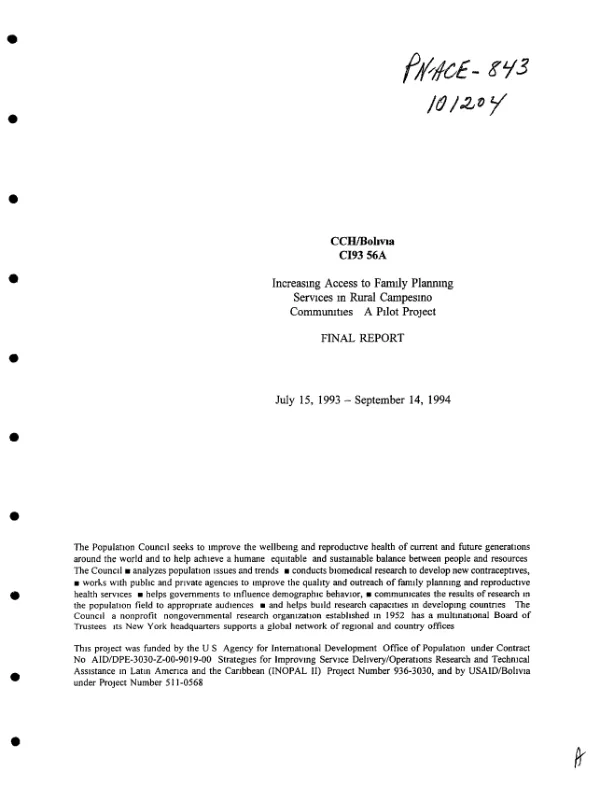 Increasing access to family planning services in rural campesino communities : a pilot project -- final report : July 15, 1993-September 14, 1994