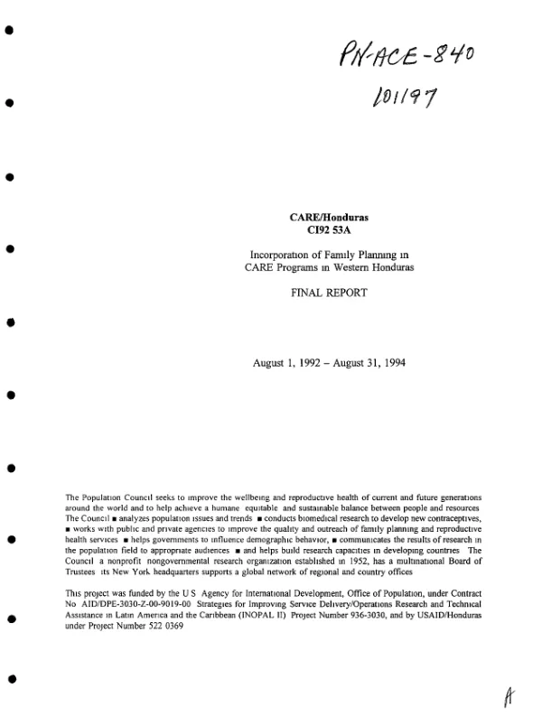 Incorporation of family planning in CARE programs in Western Honduras : final report -- August 1, 1992-August 31, 1994