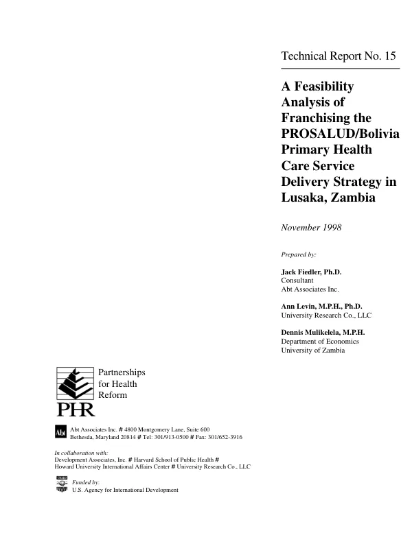 Feasibility analysis of franchising the PROSALUD/Bolivia primary health care service delivery strategy in Lusaka, Zambia