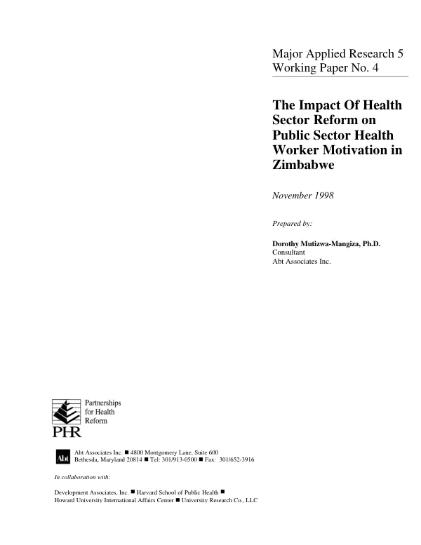 Impact of health sector reform on public sector health worker motivation in Zimbabwe