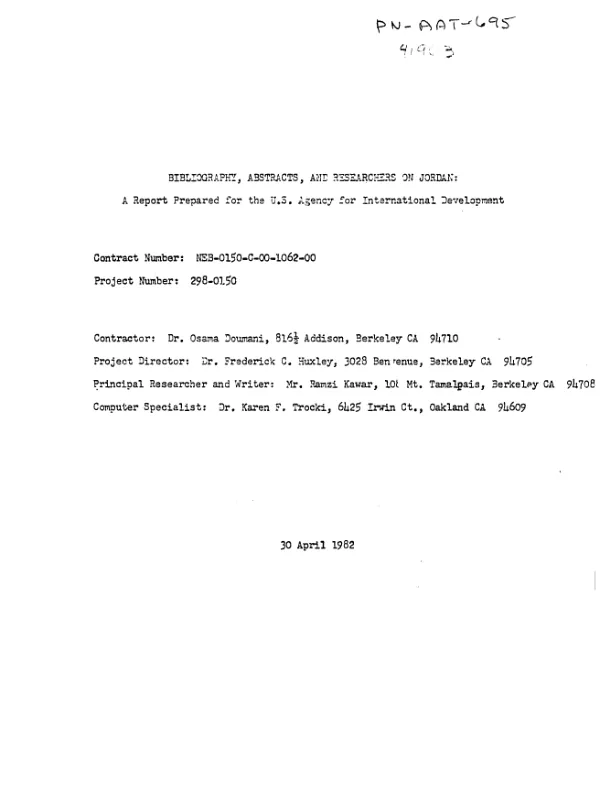 Bibliography, abstracts, and researchers on Jordan : a report prepared for the US Agency for International Development