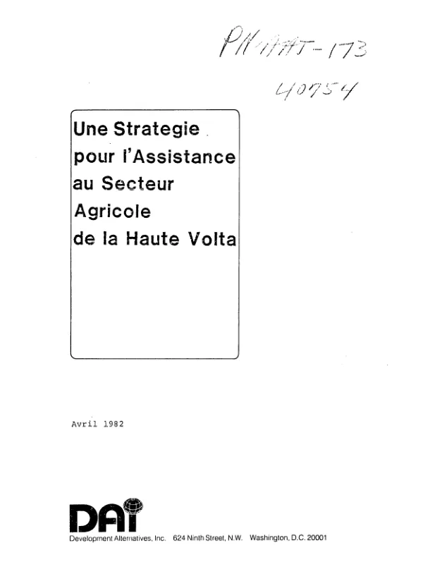 Strategie pour l"assistance au secteur agricole de la Haute Volta