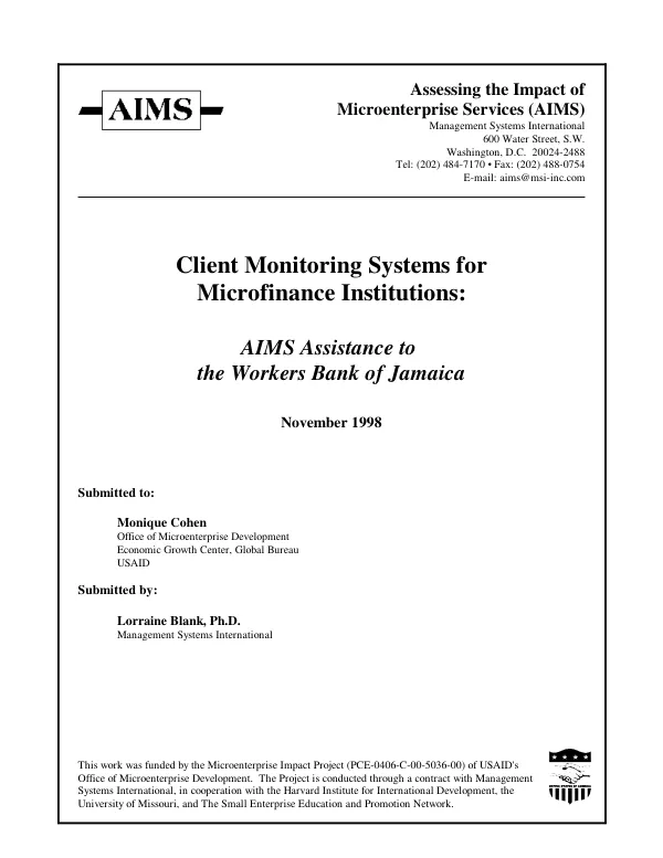 Client monitoring systems for microfinance institutions : AIMS assistance to the Workers Bank of Jamaica