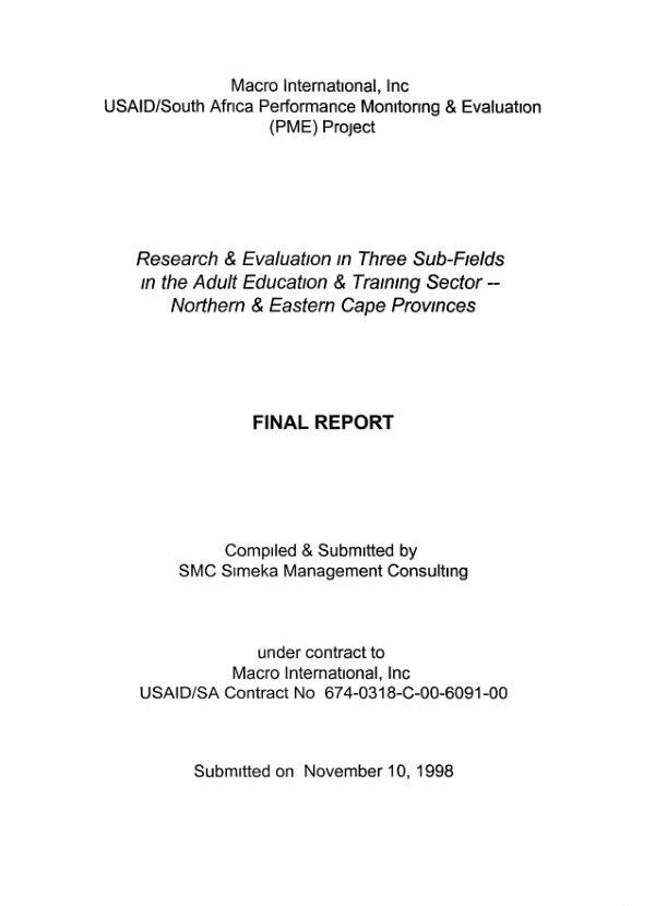 Research and evaluation in three sub-fields in the adult education & training sector -- Northern & Eastern Cape Provinces : final report