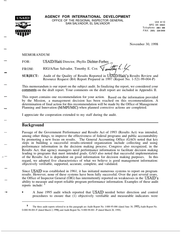 Audit of the quality of results reported in USAID/Haiti"s results review and resource request (R4) report prepared in 1997
