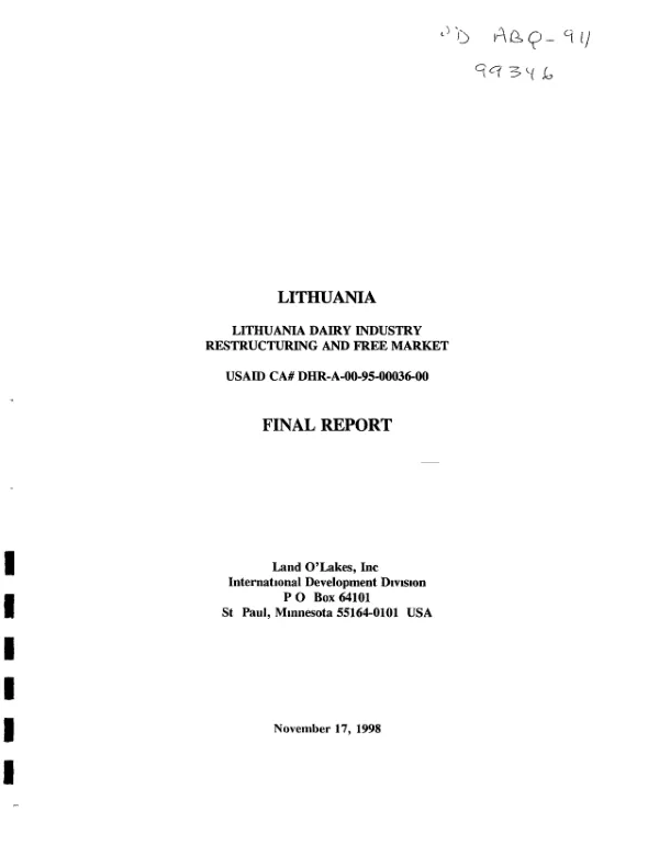 Lithuania dairy industry restructuring and free market : USAID CA# DHR-A-00-95-00036-00 -- final report