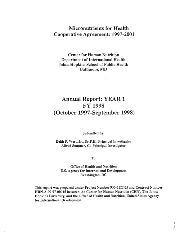 Micronutrients for health cooperative agreement, 1997-2001 : annual report, year 1, FY 1998 (October 1997-September 1998)