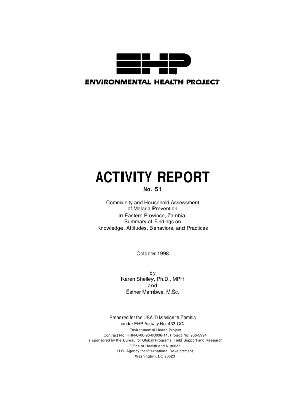 Community and household assessment of malaria prevention in Eastern Province, Zambia : summary of findings on knowledge, attitudes, behaviors, and practices