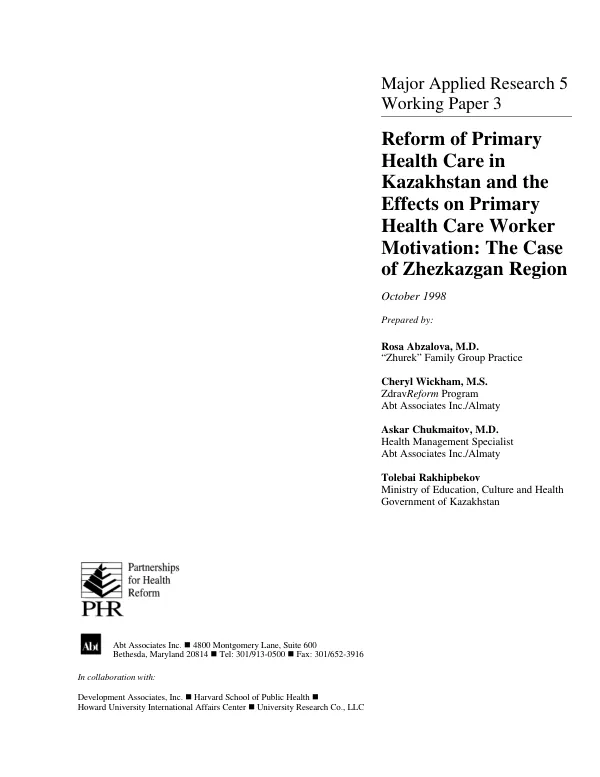 Reform of primary health care in Kazakhstan and the effects on primary health care worker motivation -- the case of Zhezkazgan region