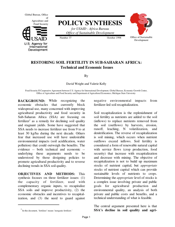 Restoring soil fertility in sub-Saharan Africa : technical and economic issues