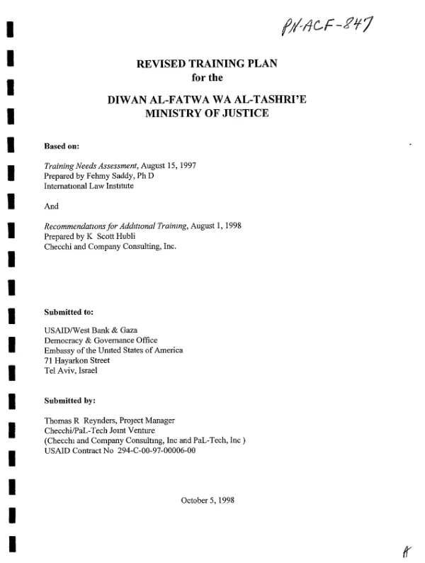 Revised training plan for the Diwan Al-Fatwa wa Al-Tashri"e, Ministry of Justice[, West Bank and Gaza]