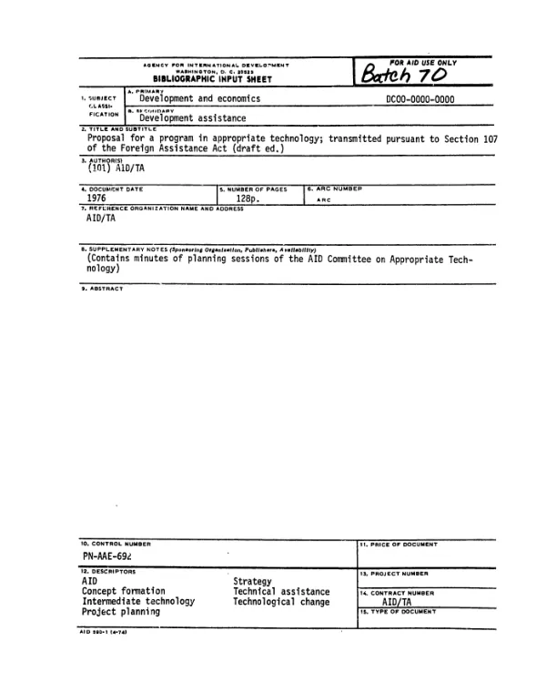 Proposal for a program in appropriate technology; transmitted pursuant to section 107 of the foreign assistance act