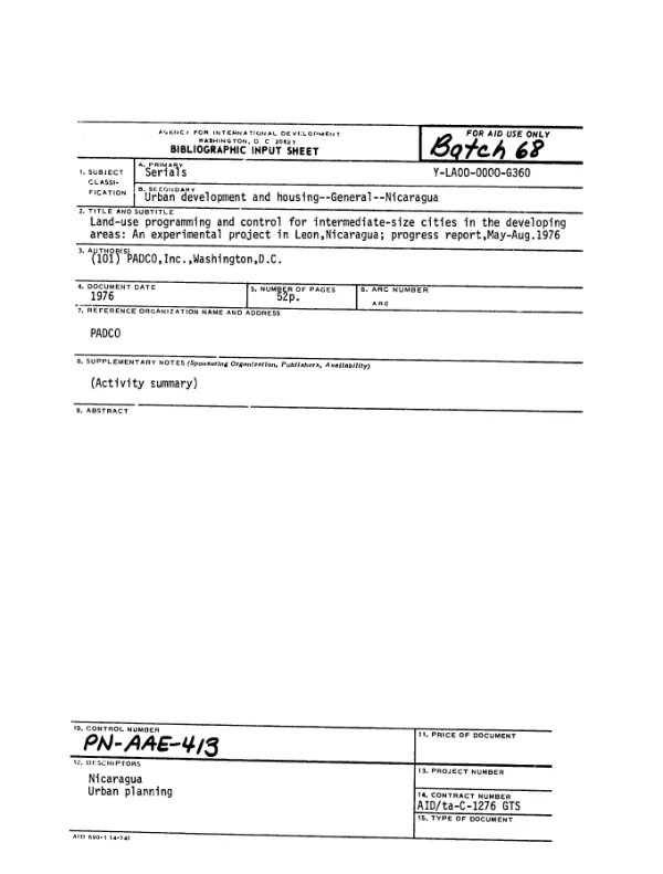 Land-use programming and control for intermediate-size cities in the developing areas : an experimental project in Leon, Nicaragua; progress report, May-Aug. 1976