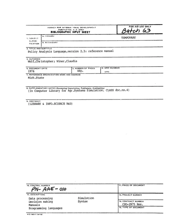 Policy analysis language, version 2.3 : reference manual