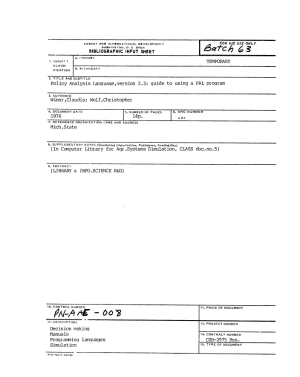 Policy analysis language, version 2.3 : guide to using a PAL program