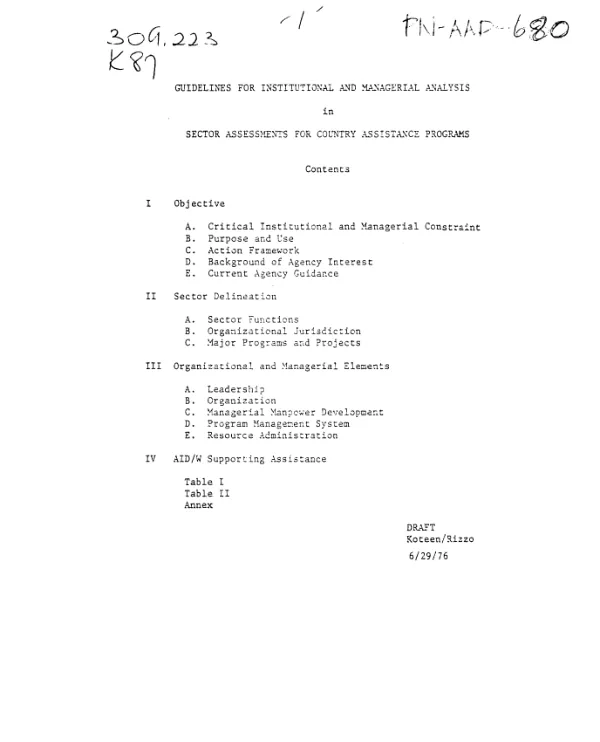 Guidelines for institutional and managerial analysis in sector assessments for country assistance programs
