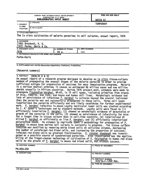 In vitro cultivation of malaria parasites in cell cultures, annual report, 1976