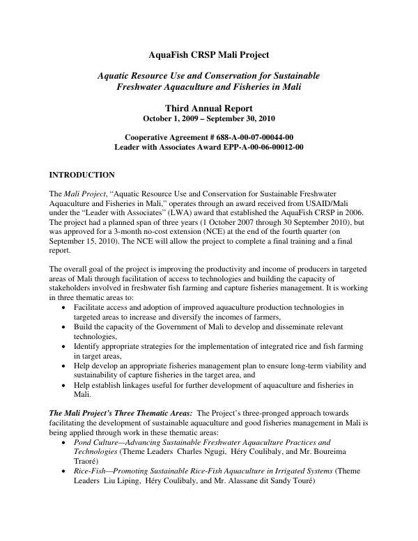 AquaFish CRSP Mali project : aquatic resource use and conservation for sustainable freshwater aquaculture and fisheries in Mali : third annual report, October 1, 2009-September 30, 2010