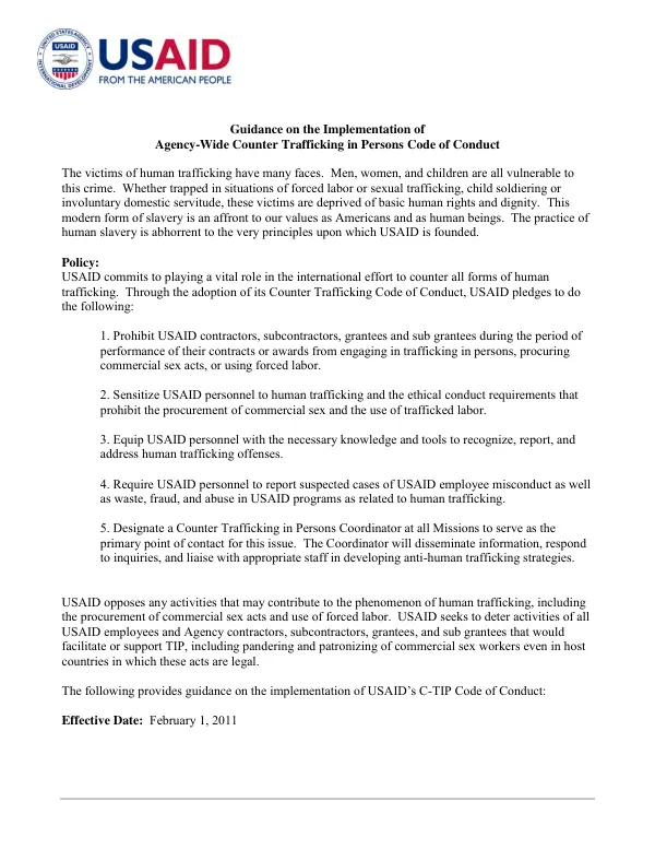 Guidance on the implementation of agency-wide counter trafficking in persons code of conduct