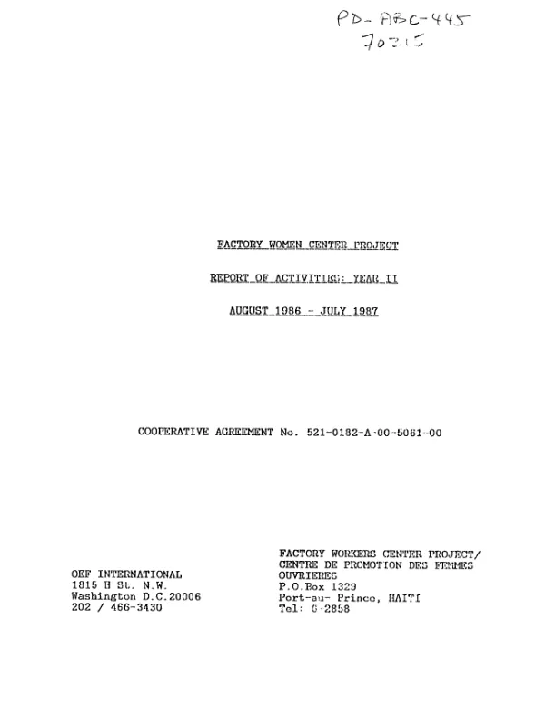 Factory women center project : report of activities -- year II, August 1986-July 1987