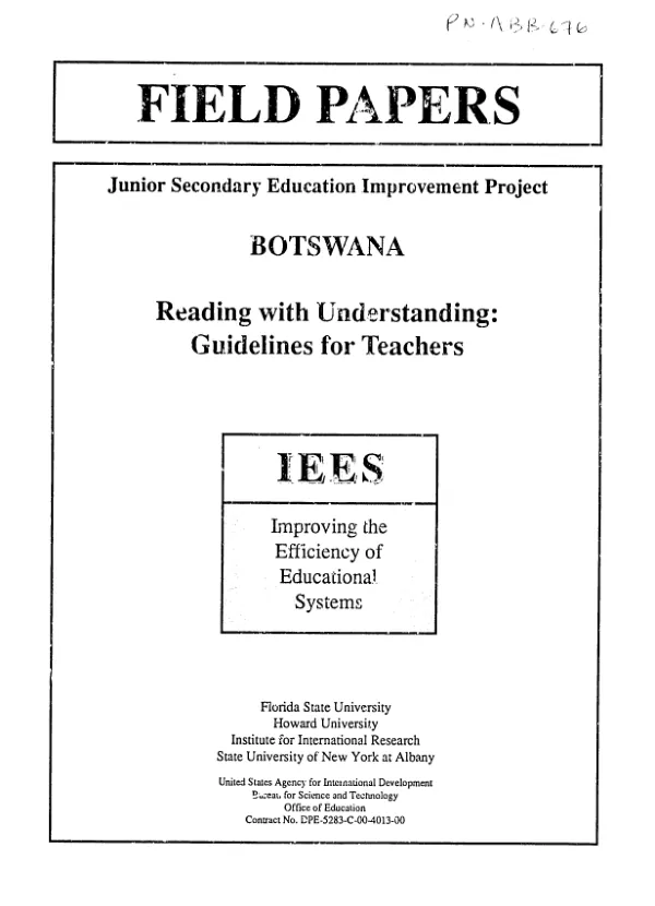 Junior secondary education improvement project, Botswana -- reading with understanding : guidelines for teachers