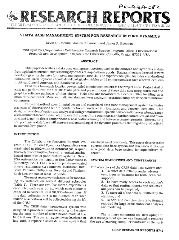 Data base management system for research in pond dynamics