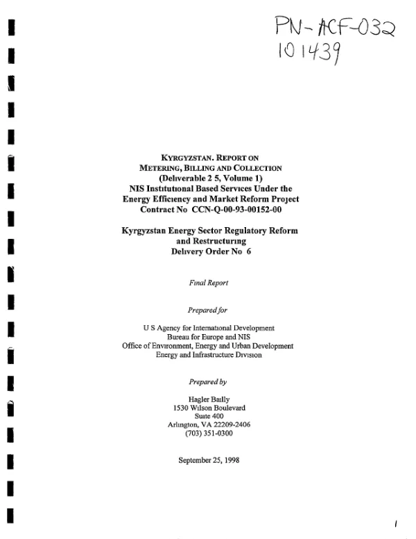 Kyrgyzstan : report on metering, billing and collection (deliverable 2.5, vol. 1) -- NIS [New Independent States] institutional based services under the energy efficiency and market reform project : contract no. CCN-Q-00-93-00152-00 -- final report