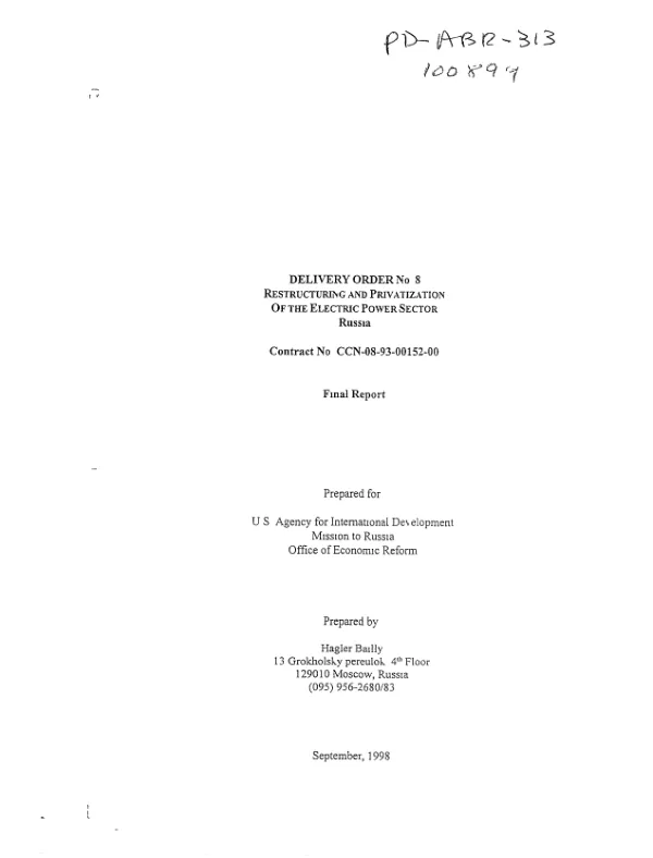 Delivery order no. 8 : restructuring and privatization of the electric power sector -- Russia : contract no. CCN-08-93-00152-00 -- final report