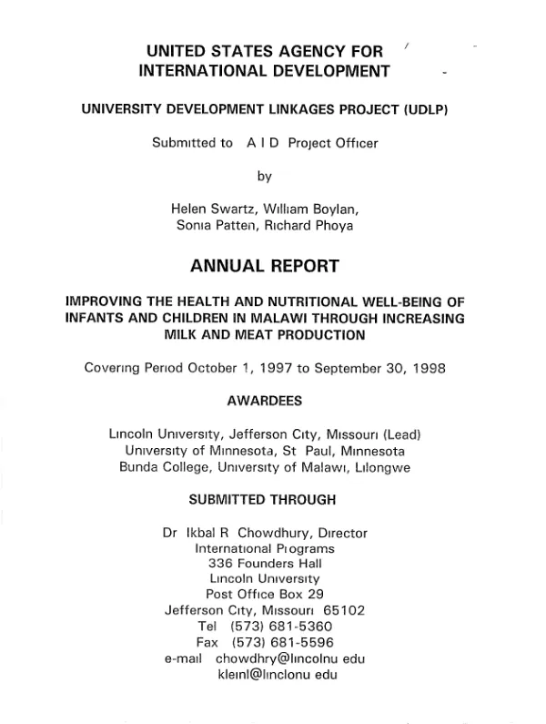 University development linkages project (UDLP) : annual report -- improving the health and nutritional well-being of infants and children in Malawi through increasing milk and meat production : covering period October 1, 1997 to September 30, 1998