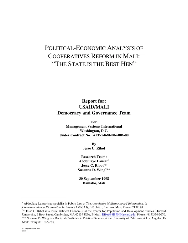 Political-economic analysis of cooperatives reform in Mali : "the state is the best hen"