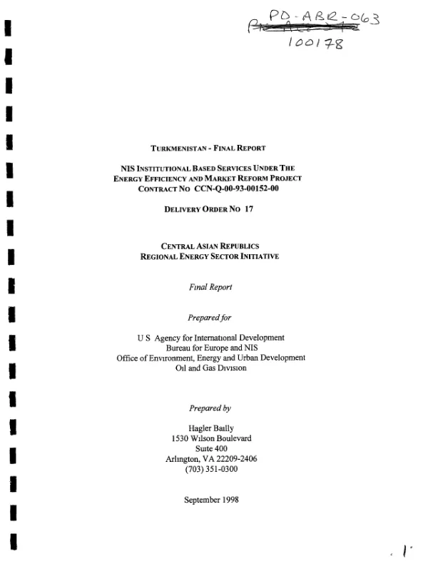 Turkmenistan : final report -- NIS institutional based services under the energy efficiency and market reform project : contract no. CCN-Q-00-93-00152-00