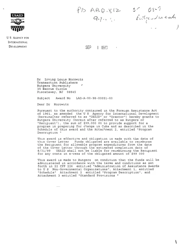 USAID award no. LAG-A-00-98-00051-00 to Rutgers University to provide support for a program in preparing for change in Cuba