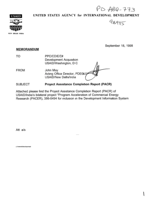 Project activity [assistance] completion report (PACR) : program for the acceleration of commercial energy research (PACER)