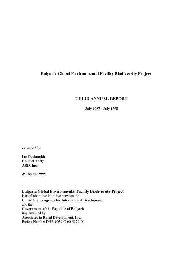 Bulgaria global environmental facility biodiversity project : third annual report, July 1997-July 1998