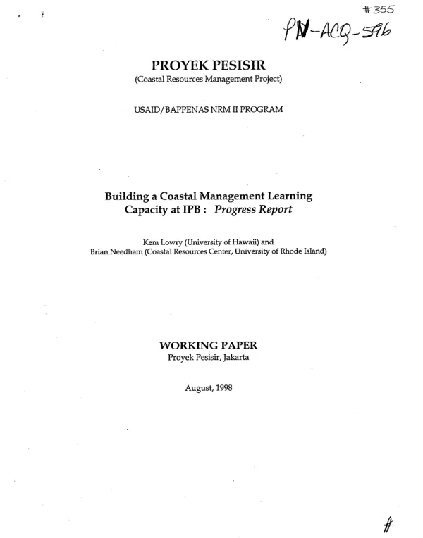 Building a coastal management learning capacity at IPB [Institut Pertanian Bogor = Bogor Agricultural University] : progress report