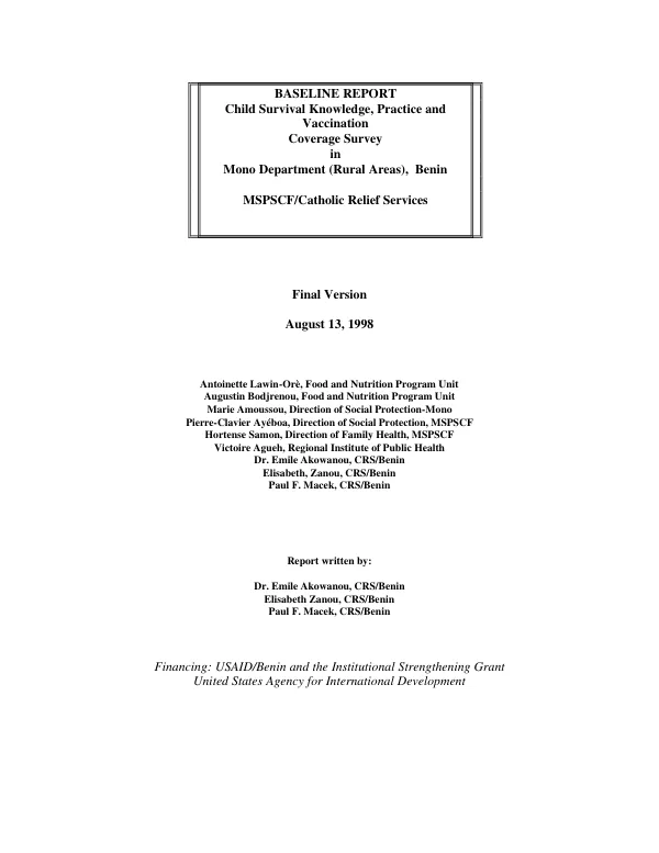 Baseline report : child survival knowledge, practice and vaccination coverage survey in Mono Department (rural areas), Benin -- final version