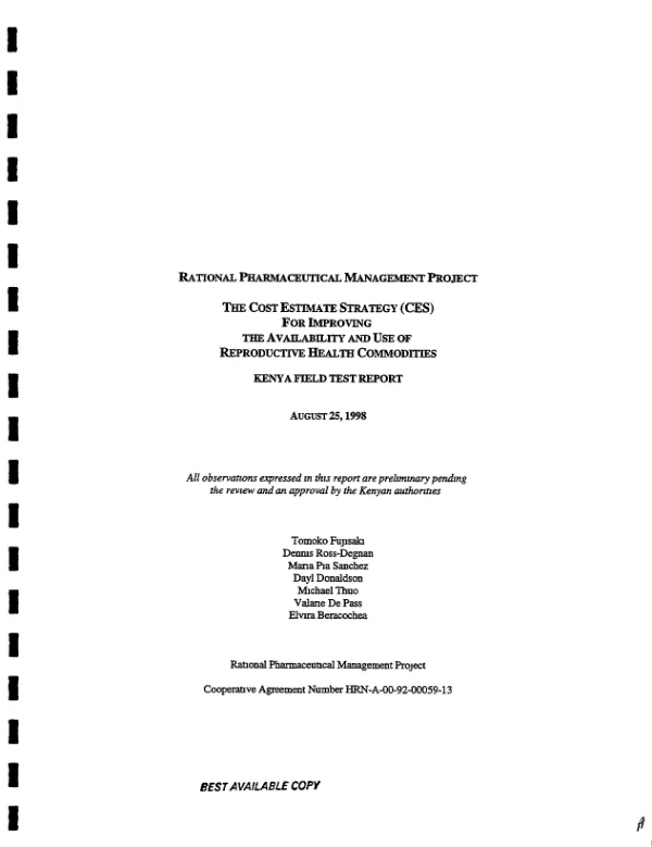 Cost estimate strategy (CES) for improving the availability and use of reproductive health commodities : Kenya field test report
