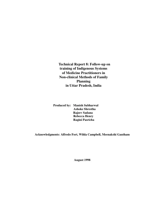 Follow-up on training of indigenous systems of medicine practitioners in non-clinical methods of family planning in Uttar Pradesh, India