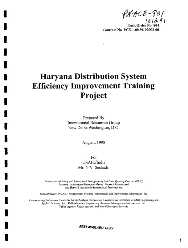 Haryana State Electricity Board distribution system efficiency improvement training project [India] : scope of work, implementation approach and schedule of training activities