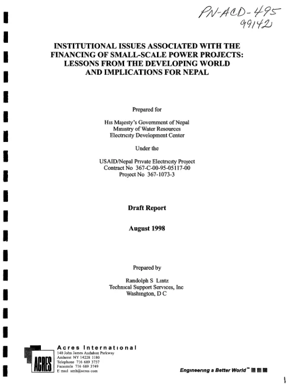 Institutional issues associated with the financing of small-scale power projects : lessons from the developing world and implications for Nepal -- draft report