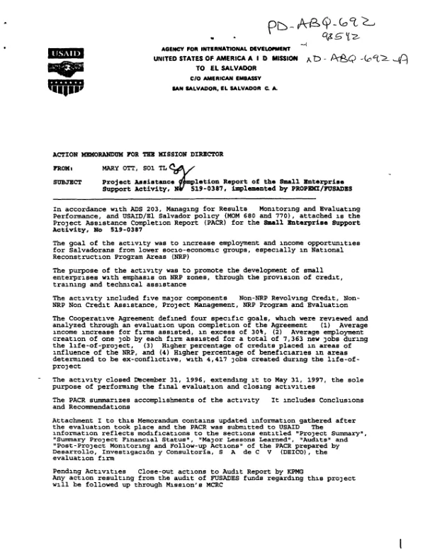 Project assistance completion report of the small enterprise support activity, no. 519-0387