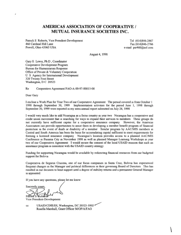 Americas Association of Cooperative/Mutual Insurance Societies, Inc. : annual work plan for the period October 1, 1998-September 30, 1999 -- cooperative agreement FAO-A-00-97-00015-00