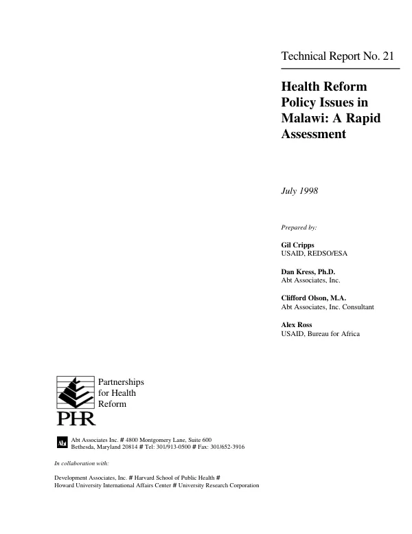 Health reform policy issues in Malawi : a rapid assessment