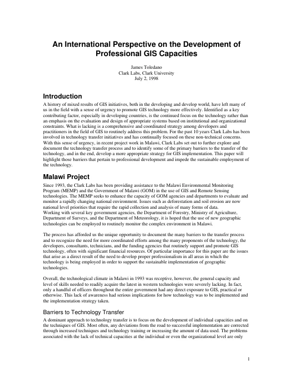 International perspective on the development of professional GIS [geographic information systems] capacities