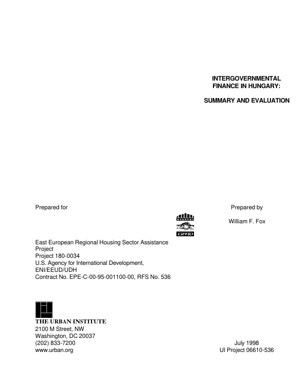 Intergovernmental finance in Hungary : summary and evaluation
