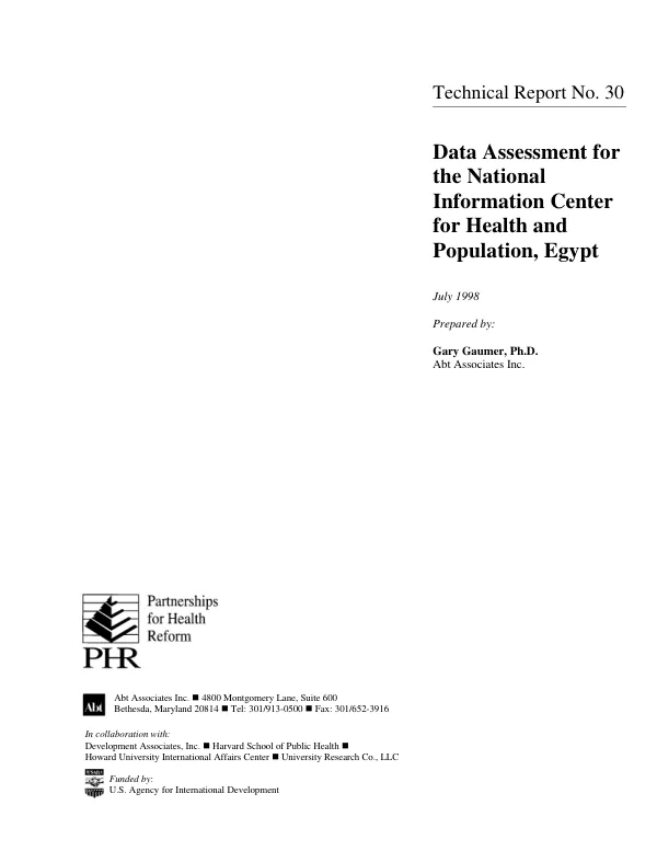 Data assessment for the National Information Center for Health and Population [NICHP], Egypt