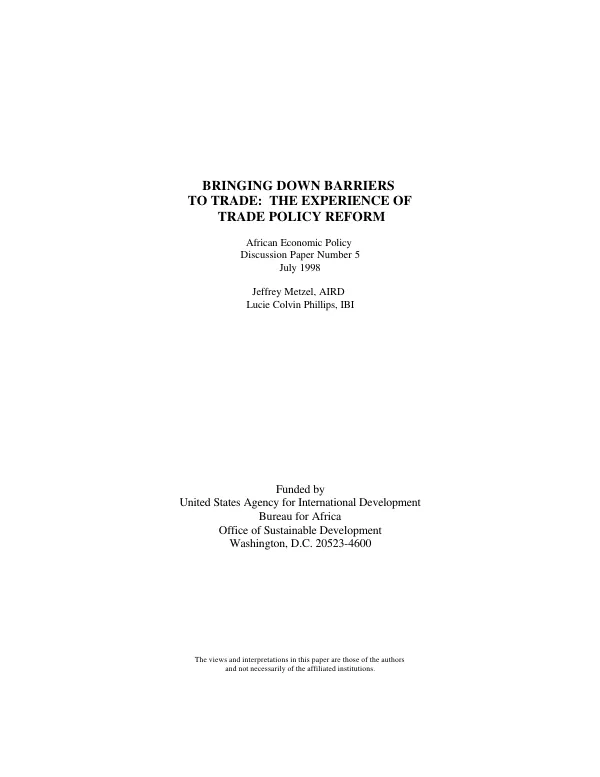 Bringing down barriers to trade : the experience of trade policy reform