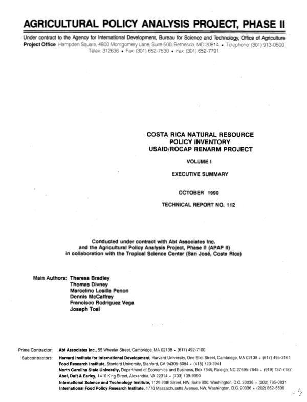 Costa Rica natural resource policy inventory : USAID/ROCAP RENARM [regional environmental and natural resource management] project