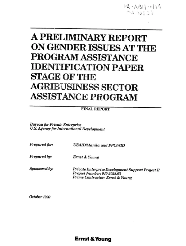Preliminary report on gender issues at the program assistance identification paper stage of the agribusiness sector assistance program